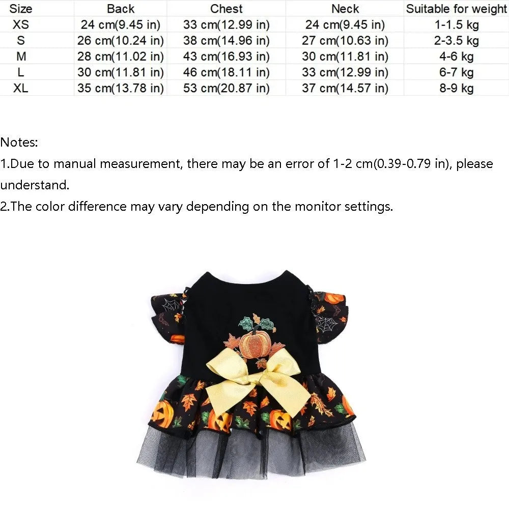 Funny Pumpkin Print Halloween Dog Dress Mesh Big Bow Decor Dog Maple Leaf Print Dress Breathable Dog Clothes Halloween Party