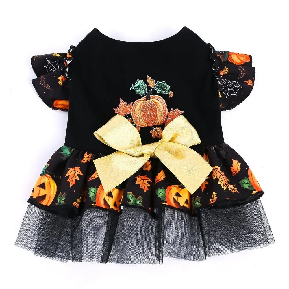 Funny Pumpkin Print Halloween Dog Dress Mesh Big Bow Decor Dog Maple Leaf Print Dress Breathable Dog Clothes Halloween Party