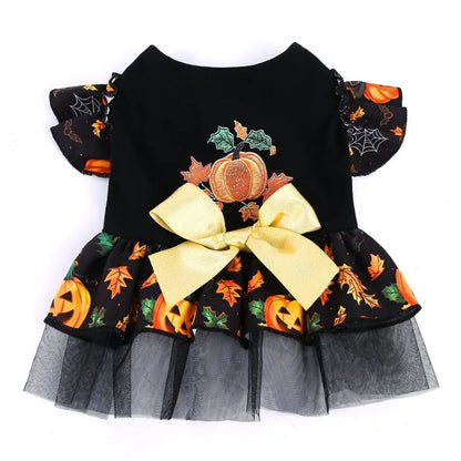 Funny Pumpkin Print Halloween Dog Dress Mesh Big Bow Decor Dog Maple Leaf Print Dress Breathable Dog Clothes Halloween Party