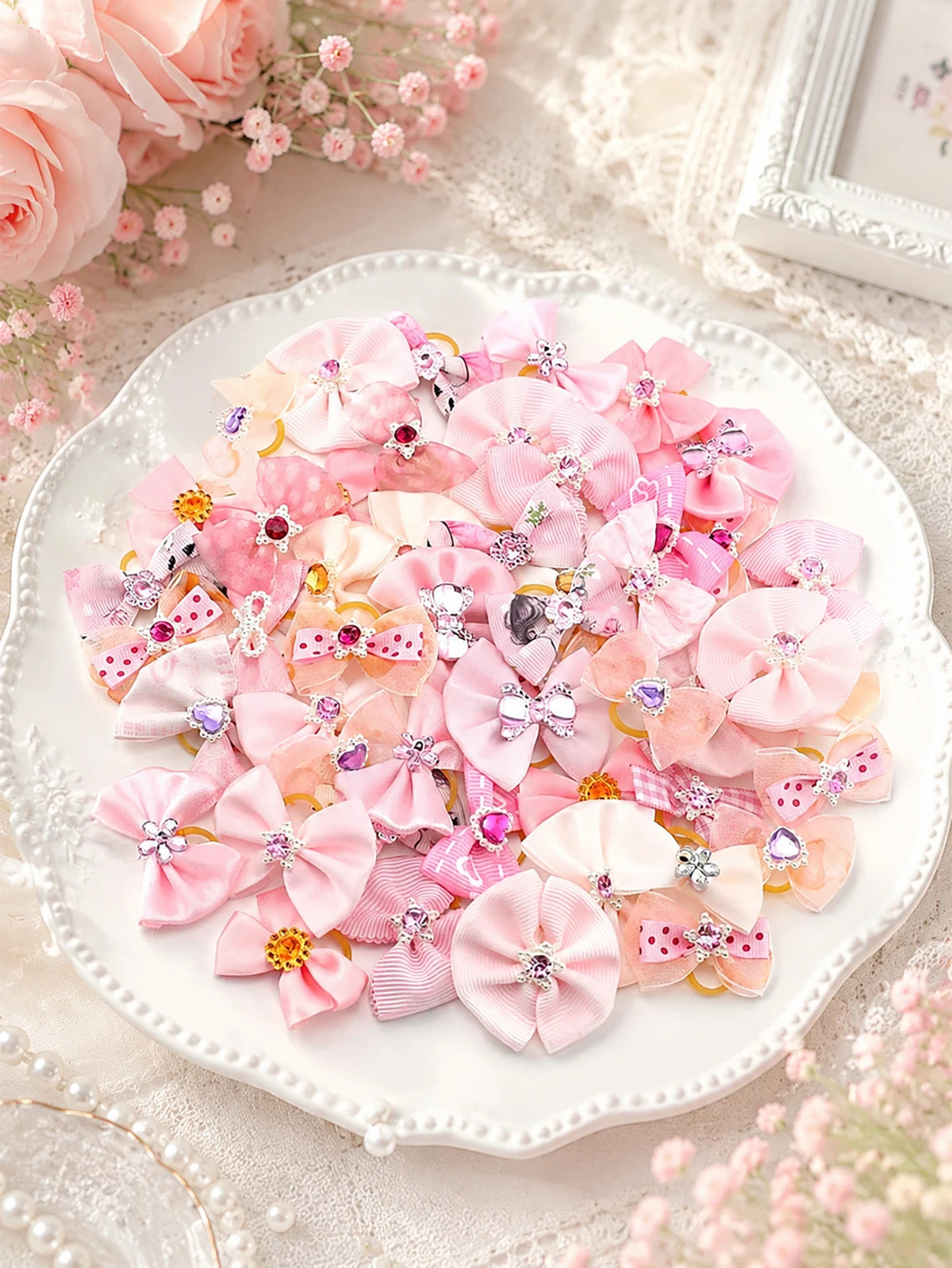 20 Pink Pet Rubber Band Hair Accessories, Bow-Knot Princess-Style Hair Ornaments, Suitable for Managing Long Pet Hair, Decorative