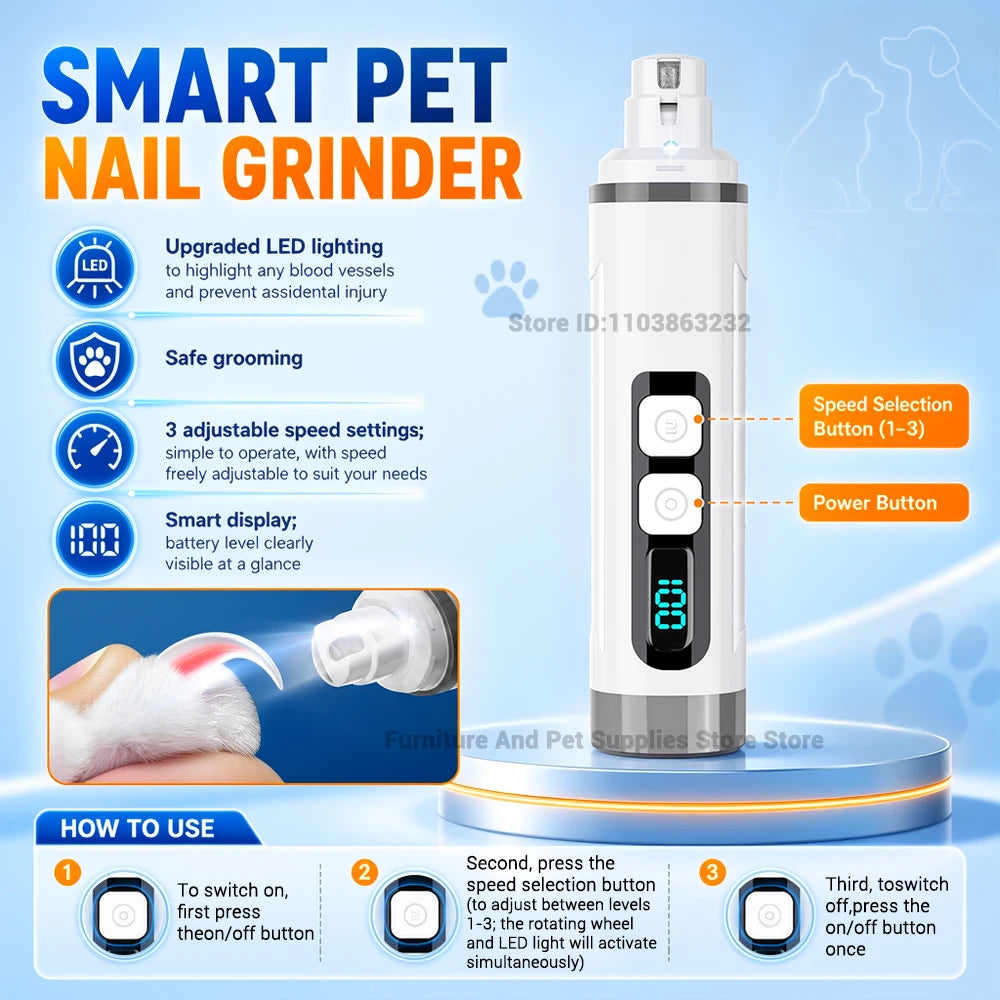 Electric Pet Nail Grinder with 3 Speed Settings, LED Light, Cat Nail Clippers and Smart Display – for Large and Small Dogs’ Paws