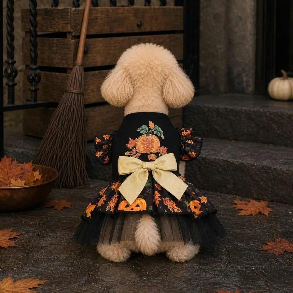 Funny Pumpkin Print Halloween Dog Dress Mesh Big Bow Decor Dog Maple Leaf Print Dress Breathable Dog Clothes Halloween Party