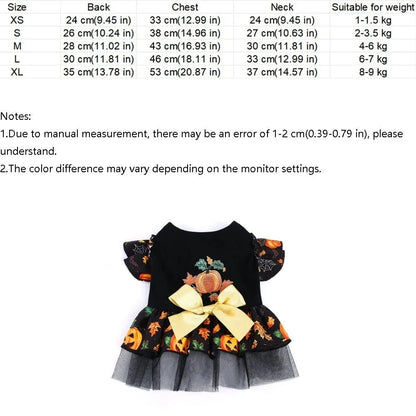 Funny Pumpkin Print Halloween Dog Dress Mesh Big Bow Decor Dog Maple Leaf Print Dress Breathable Dog Clothes Halloween Party