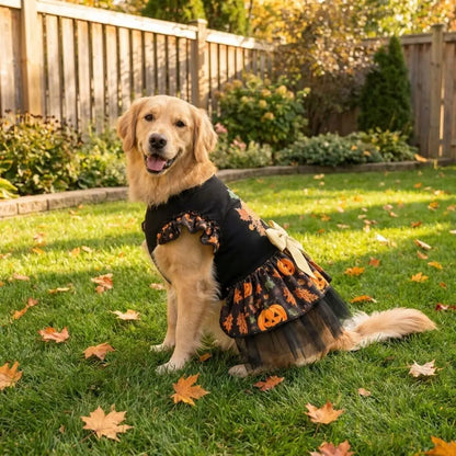 Funny Pumpkin Print Halloween Dog Dress Mesh Big Bow Decor Dog Maple Leaf Print Dress Breathable Dog Clothes Halloween Party