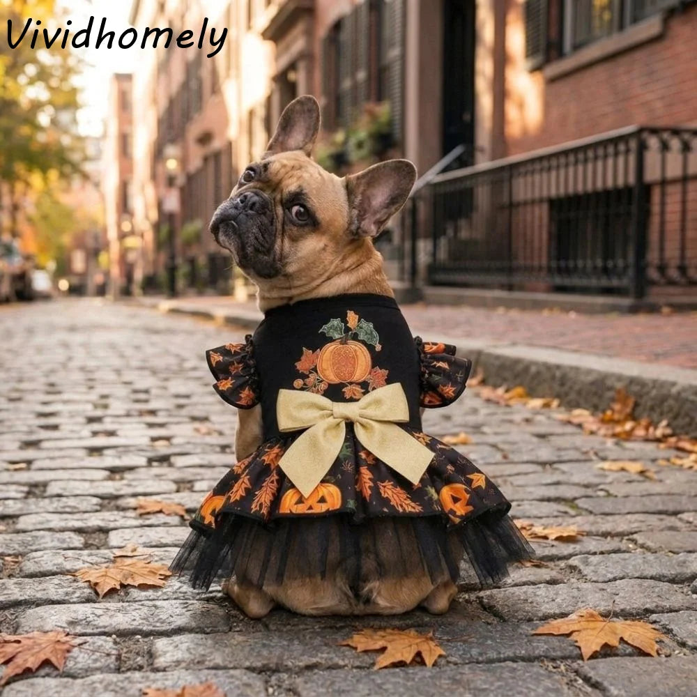 Funny Pumpkin Print Halloween Dog Dress Mesh Big Bow Decor Dog Maple Leaf Print Dress Breathable Dog Clothes Halloween Party