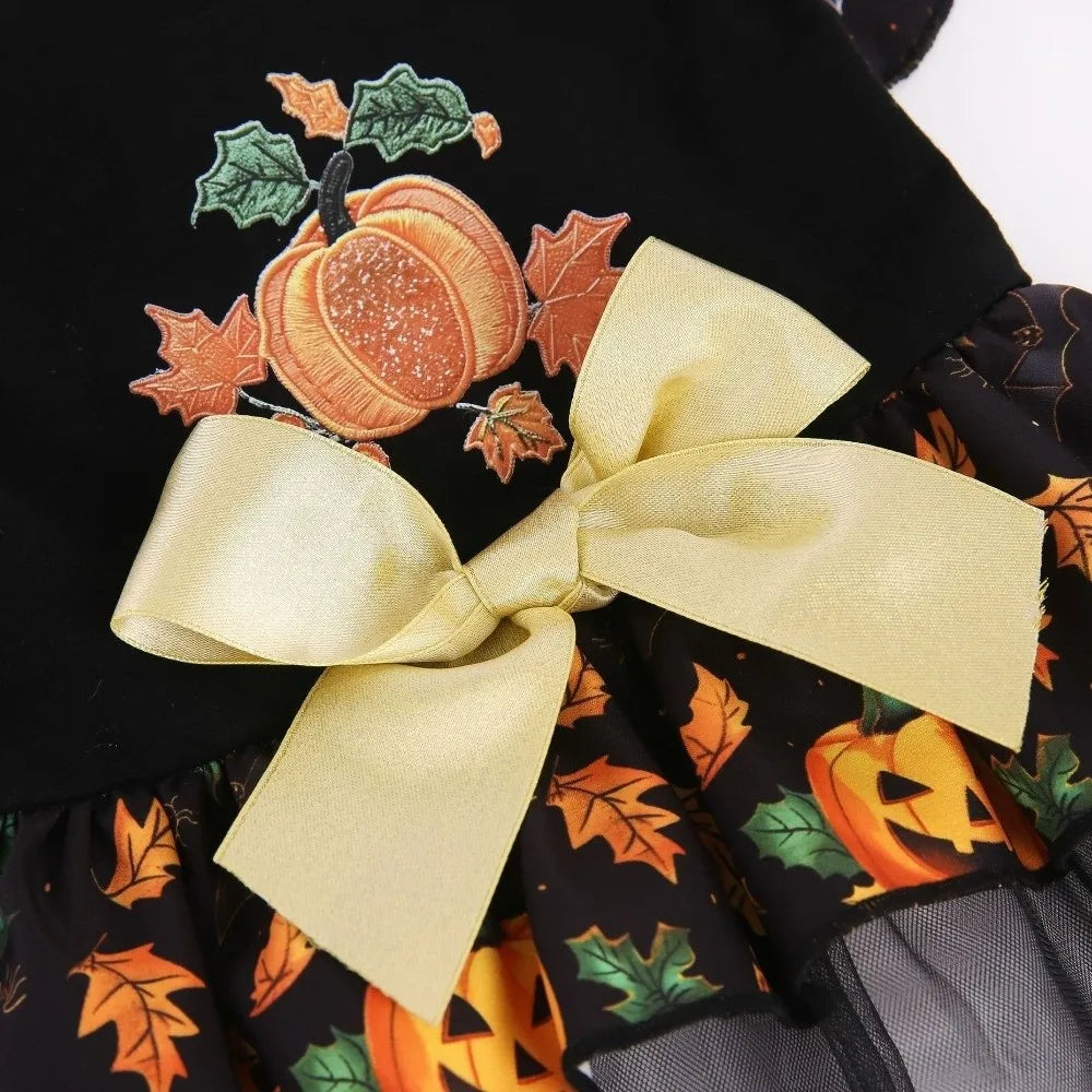 Funny Pumpkin Print Halloween Dog Dress Mesh Big Bow Decor Dog Maple Leaf Print Dress Breathable Dog Clothes Halloween Party