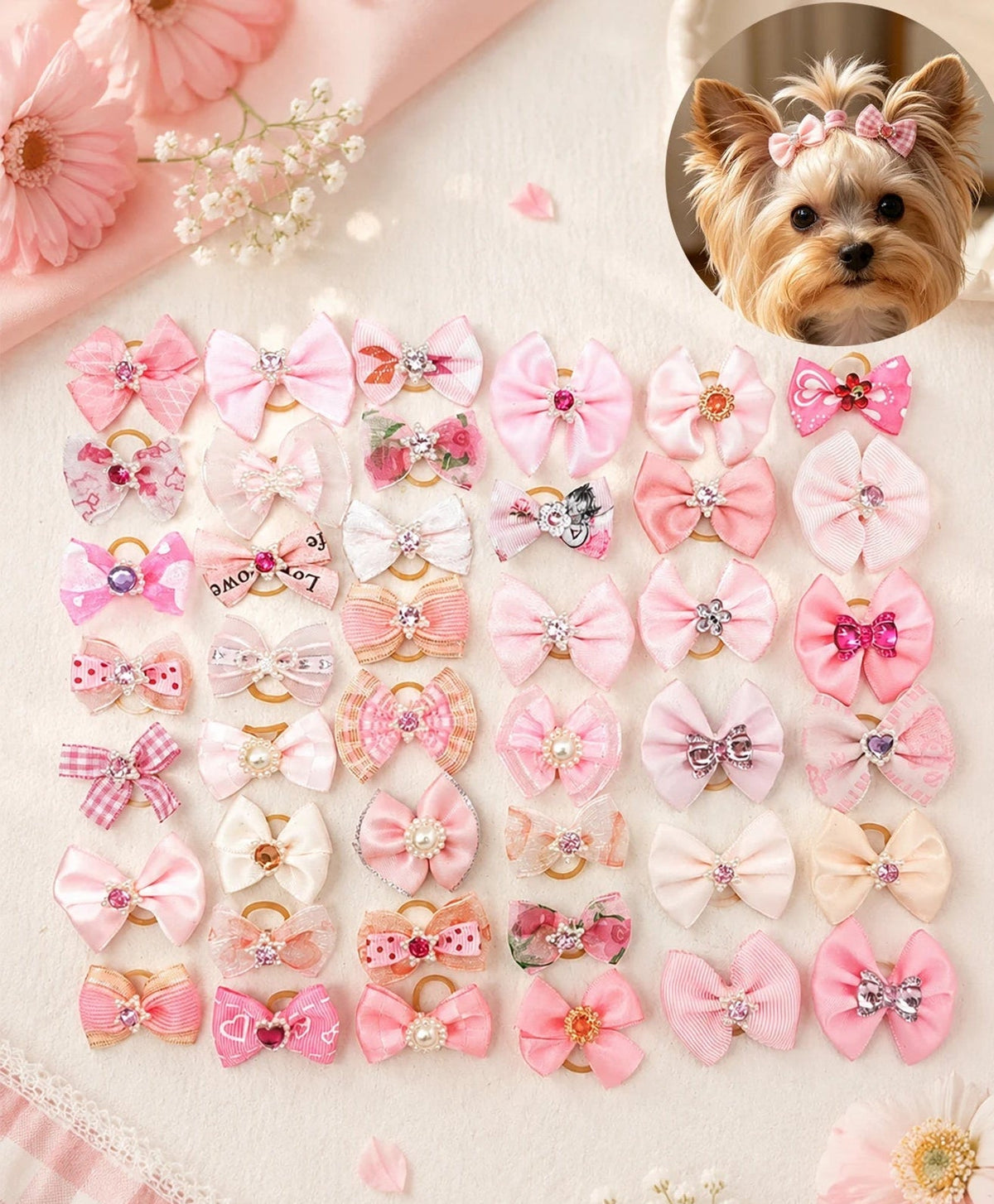 20 Pink Pet Rubber Band Hair Accessories, Bow-Knot Princess-Style Hair Ornaments, Suitable for Managing Long Pet Hair, Decorative